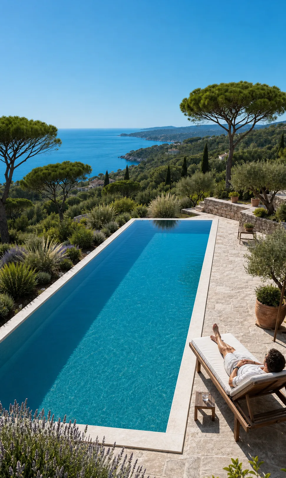 Personne au bord d'une piscine mini maconnée en plein jour avec vue sur la mer