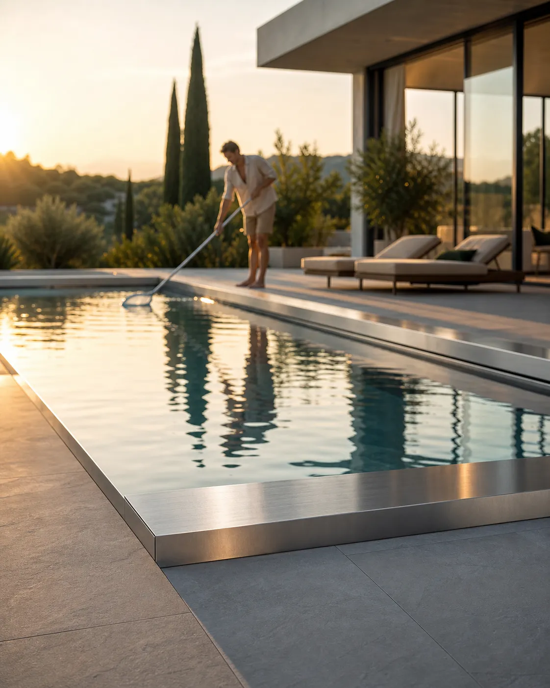 Piscine inox en eau avec personne qui passe l'épuisette