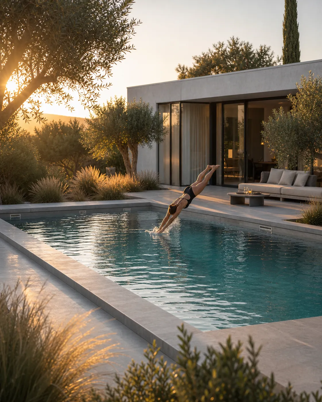 femme qui plonge dans une piscine en béton