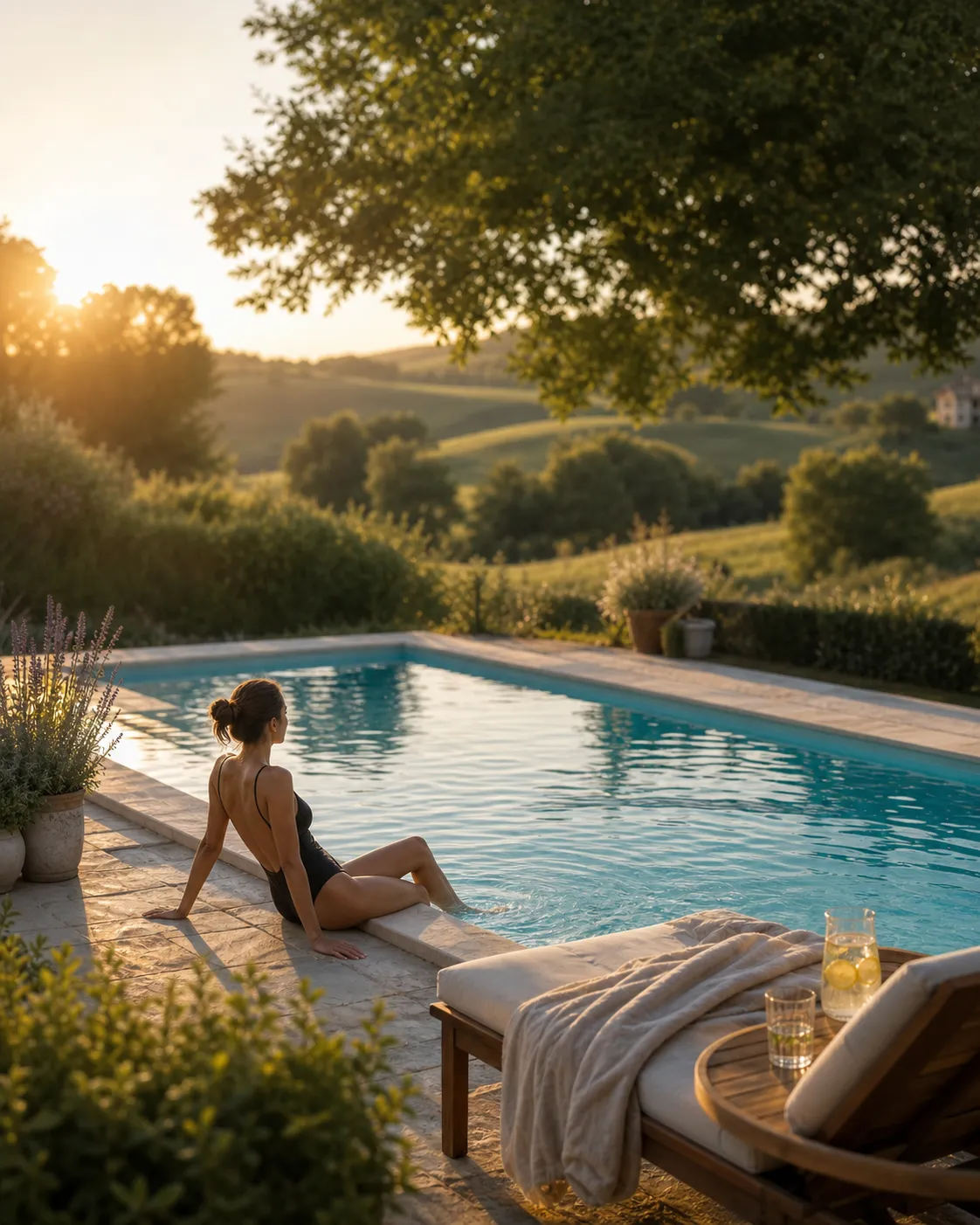 Femme qui se détend au bord d'une piscine coque oasis
